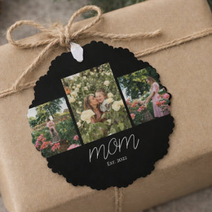 Mom Established Modern Script Black 3 Photo Ornament Card