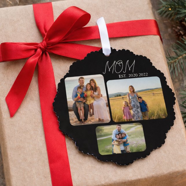 Mom Established Modern Script Black 3 Photo Ornament Card (Creator Uploaded)