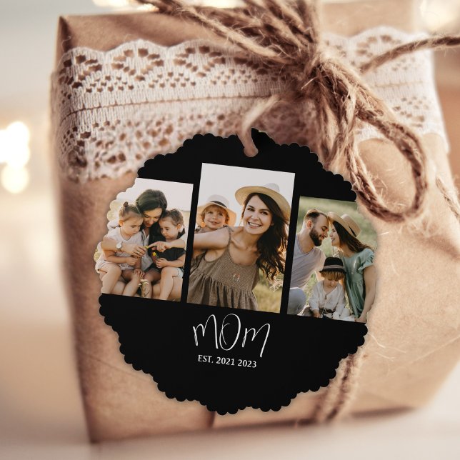 Mom Established Modern Script Black 3 Photo Ornament Card (Creator Uploaded)