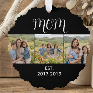 Mom Established Modern Script Black 3 Photo Ornament Card