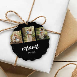 Mom Established Modern Script Black 3 Photo Ornament Card