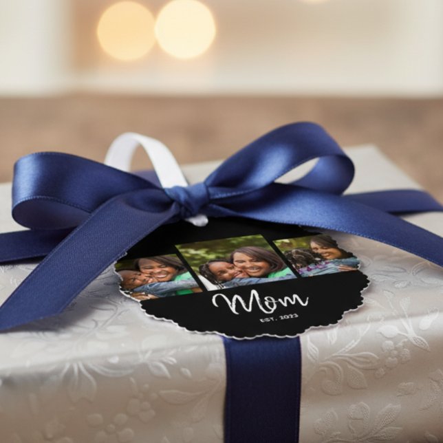 Mom Established Modern Script Black 3 Photo  Ornament Card (Creator Uploaded)