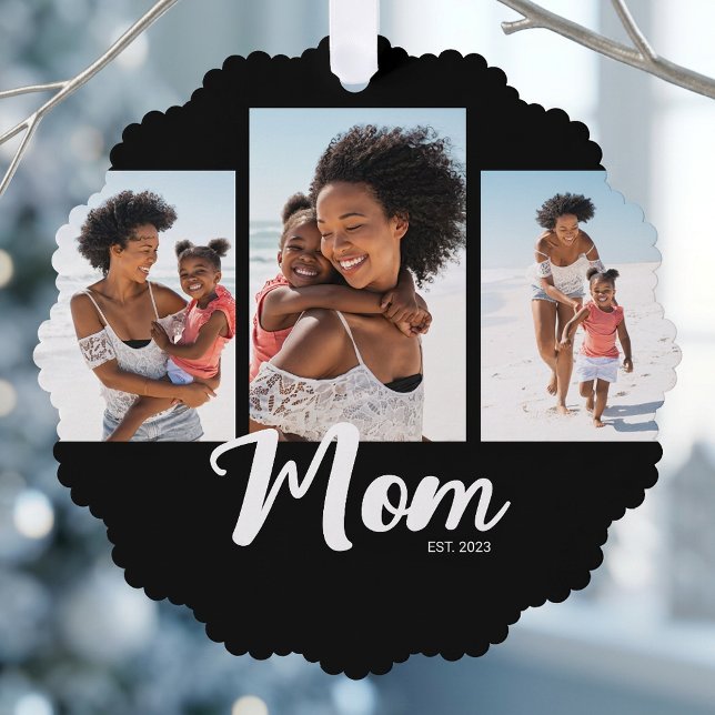 Mom Established Modern Script Black 3 Photo Ornament Card (Mom Established Modern Script Black 3 Photo Ornament Card)