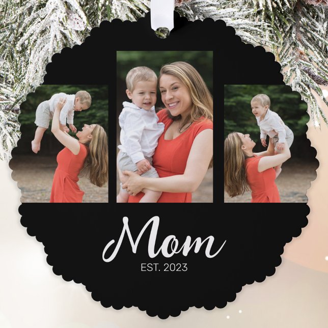 Mom Established Modern Script Black 3 Photo Ornament Card (Creator Uploaded)