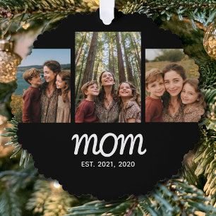 Mom Established Modern Script Black 3 Photo Ornament Card