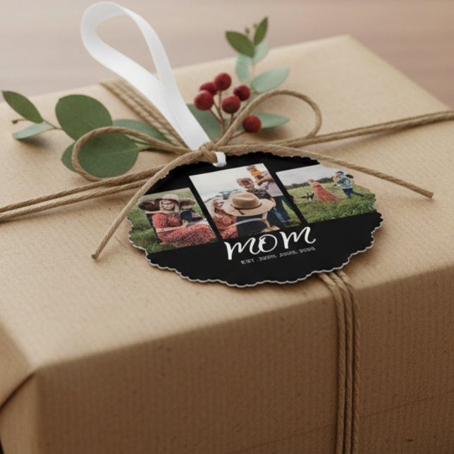 Mom Established Modern Script Black 3 Photo Ornament Card (Creator Uploaded)