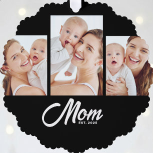 Mom Established Modern Script Black 3 Photo Ornament Card