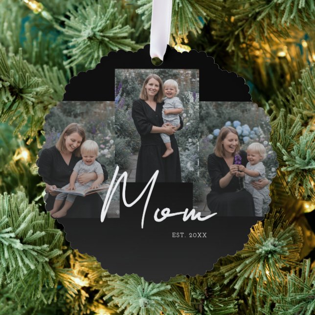 Mom Established Modern Script Black 3 Photo Ornament Card (Insitu (Tree))