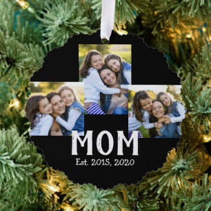 Mom Established Modern Script Black 3 Photo Ornament Card