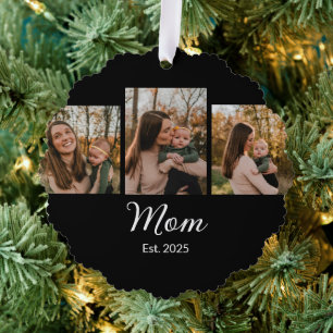 Mom Established Modern Script Black 3 Photo Ornament Card