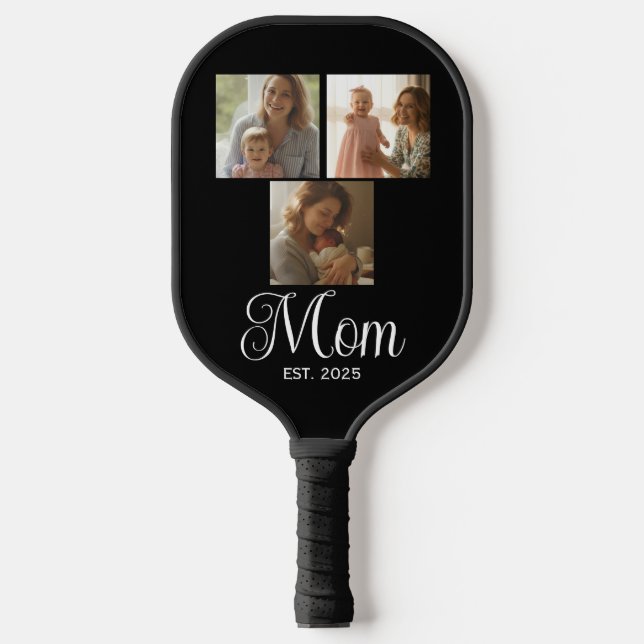 Mom Established Modern Script Black 3 Photo Pickleball Paddle (Front)