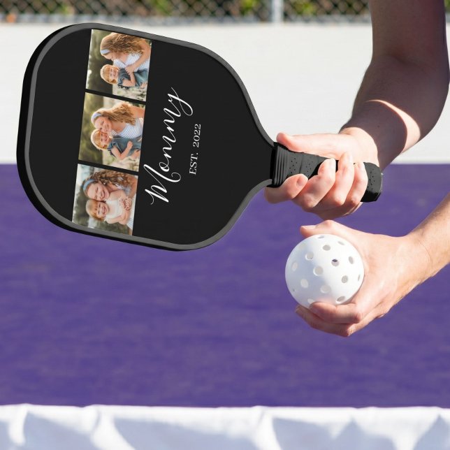 Mom Established Modern Script Black 3 Photo Pickleball Paddle (Creator Uploaded)