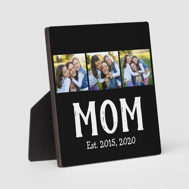 Mom Established Modern Script Black 3 Photo Plaque (Front)