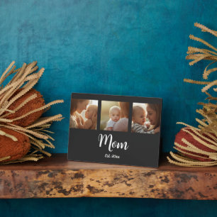 Mom Established Modern Script Black 3 Photo Plaque