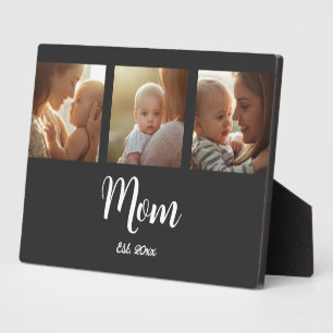 Mom Established Modern Script Black 3 Photo Plaque