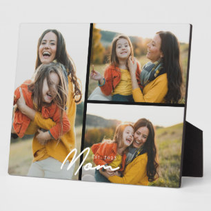 Mom Established Modern Script Black 3 Photo Plaque