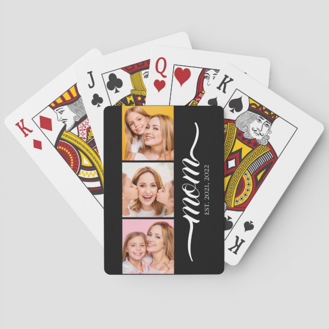 Mom Established Modern Script Black 3 Photo  Playing Cards (Back)