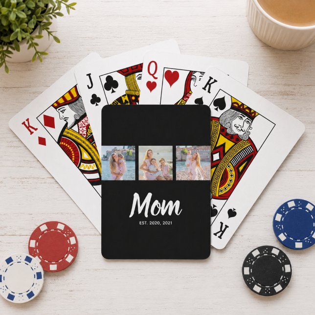 Mom Established Modern Script Black 3 Photo Playing Cards (Customize with year(s). Change Mom to something else if you wish eg Mum, Mama etc)