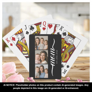 Mom Established Modern Script Black 3 Photo Playing Cards