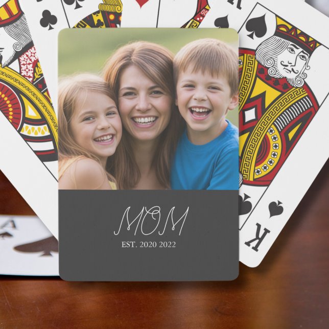 Mom Established Modern Script Black 3 Photo Playing Cards (Creator Uploaded)