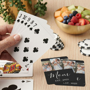Mom Established Modern Script Black 3 Photo Playing Cards