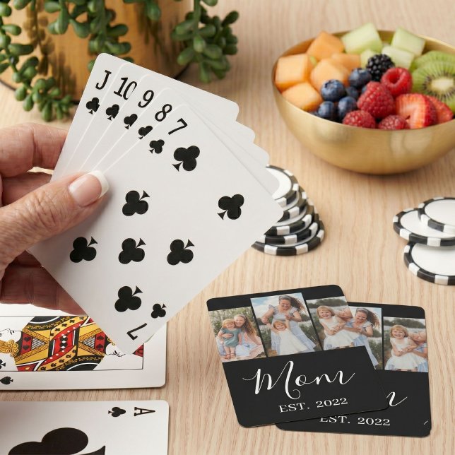 Mom Established Modern Script Black 3 Photo Playing Cards (Creator Uploaded)