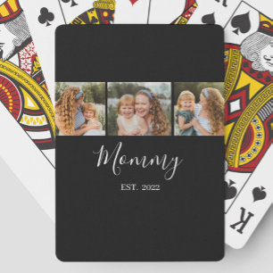 Mom Established Modern Script Black 3 Photo Playing Cards