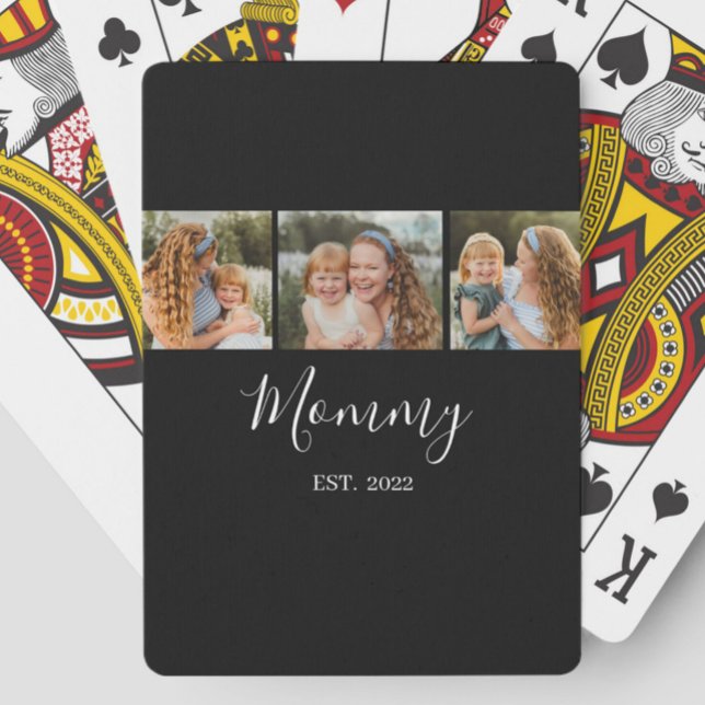 Mom Established Modern Script Black 3 Photo Playing Cards (Creator Uploaded)