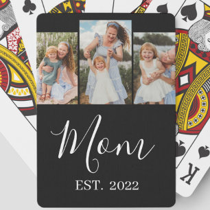 Mom Established Modern Script Black 3 Photo Playing Cards
