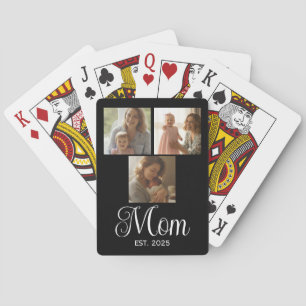 Mom Established Modern Script Black 3 Photo Playing Cards