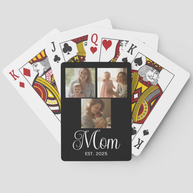 Mom Established Modern Script Black 3 Photo Playing Cards (Back)