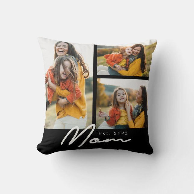 Mom Established Modern Script Black 3 Photo Throw Pillow (Front)