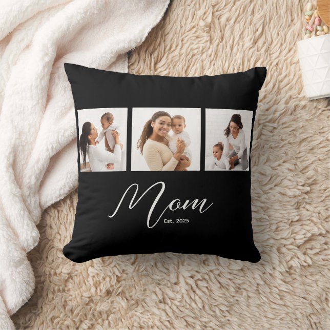 Mom Established Modern Script Black 3 Photo Throw Pillow (Blanket)