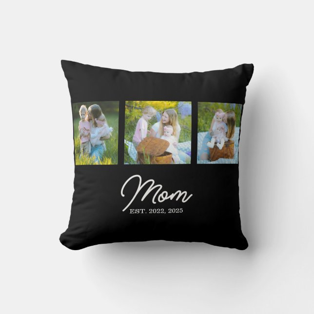 Mom Established Modern Script Black 3 Photo Throw Pillow (Front)