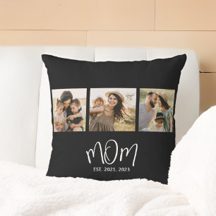 Mom Established Modern Script Black 3 Photo Throw Pillow
