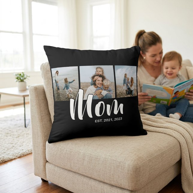 Mom Established Modern Script Black 3 Photo Throw Pillow (Mom Established Modern Script Black 3 Photo Throw Pillow)