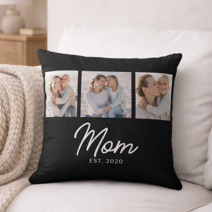 Mom Established Modern Script Black 3 Photo Throw Pillow