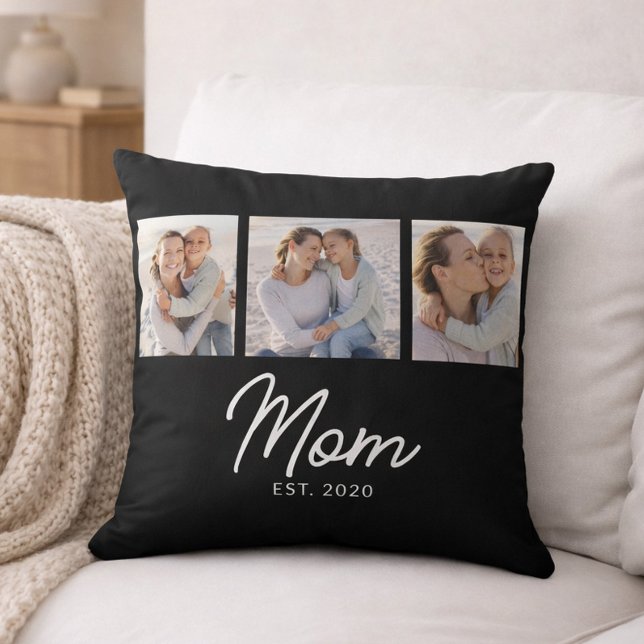 Mom Established Modern Script Black 3 Photo Throw Pillow (Creator Uploaded)