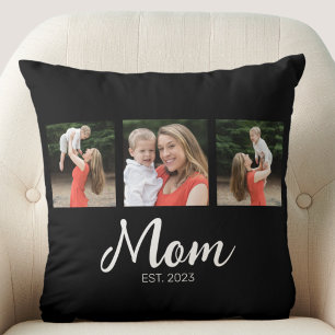 Mom Established Modern Script Black 3 Photo Throw Pillow