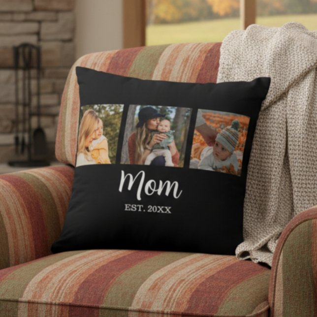 Mom Established Modern Script Black 3 Photo Throw Pillow (Creator Uploaded)