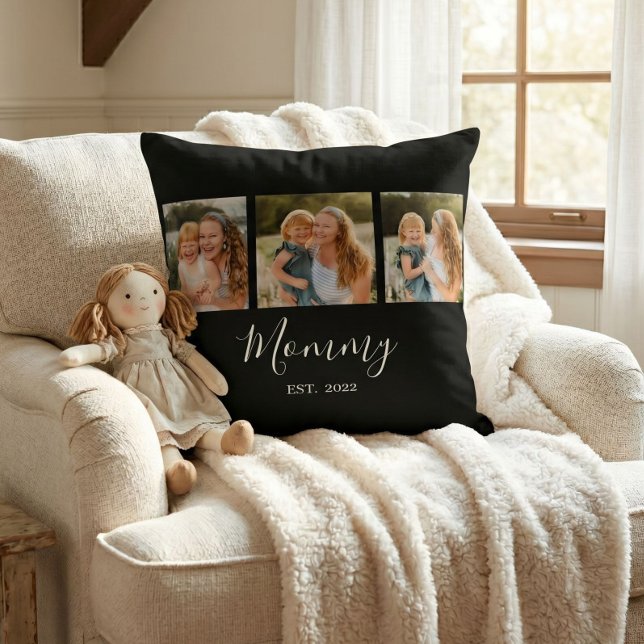 Mom Established Modern Script Black 3 Photo Throw Pillow (Creator Uploaded)
