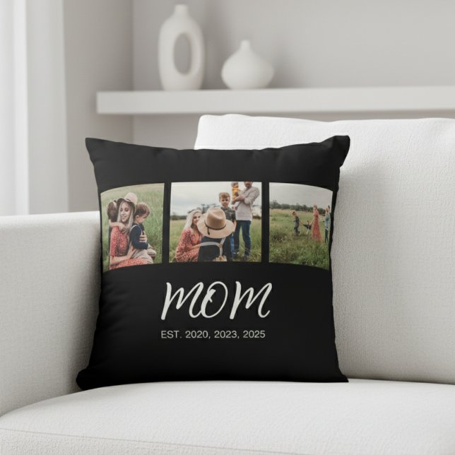 Mom Established Modern Script Black 3 Photo Throw Pillow (Creator Uploaded)
