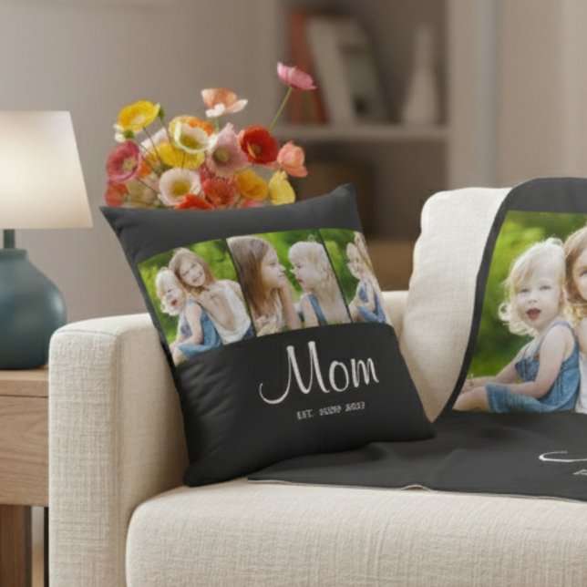 Mom Established Modern Script Black 3 Photo Throw Pillow (Creator Uploaded)