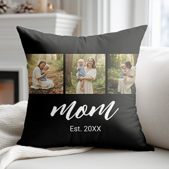 Mom Established Modern Script Black 3 Photo Throw Pillow (Creator Uploaded)