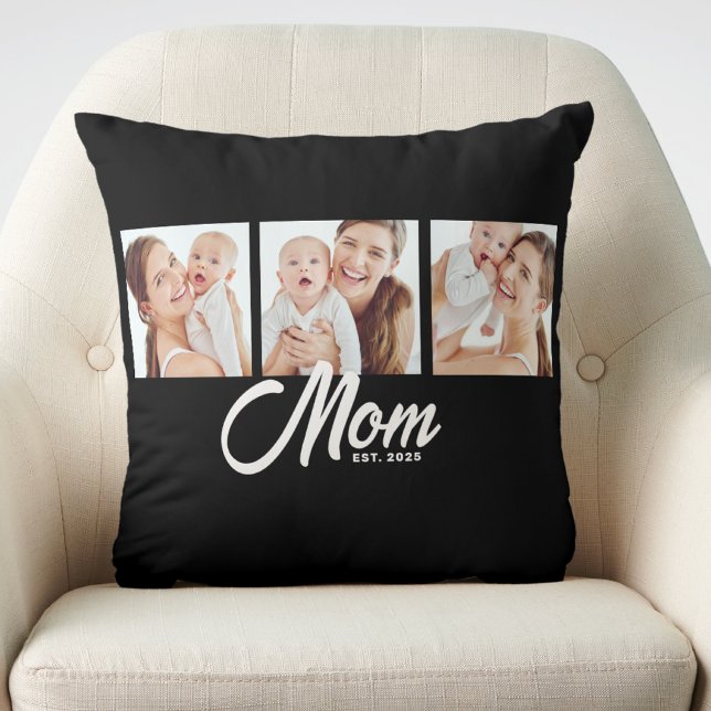 Mom Established Modern Script Black 3 Photo Throw Pillow (Creator Uploaded)
