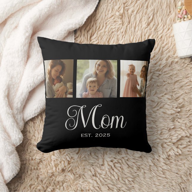 Mom Established Modern Script Black 3 Photo Throw Pillow (Blanket)