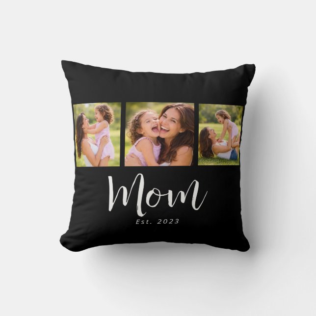 Mom Established Modern Script Black 3 Photo Throw Pillow (Front)