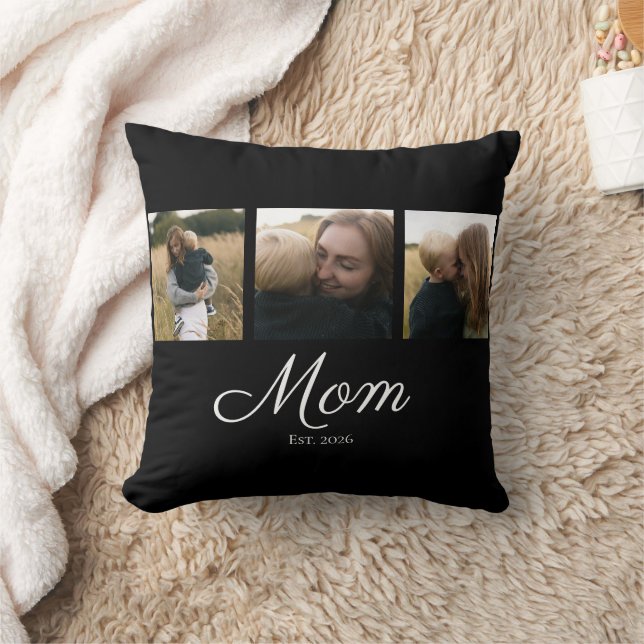 Mom Established Modern Script Black 3 Photo Throw Pillow (Blanket)