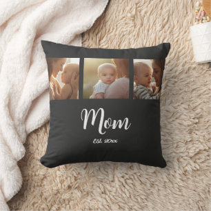 Mom Established Modern Script Black 3 Photo Throw Pillow