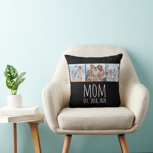 Mom Established Modern Script Black 3 Photo  Throw Pillow (Chair)